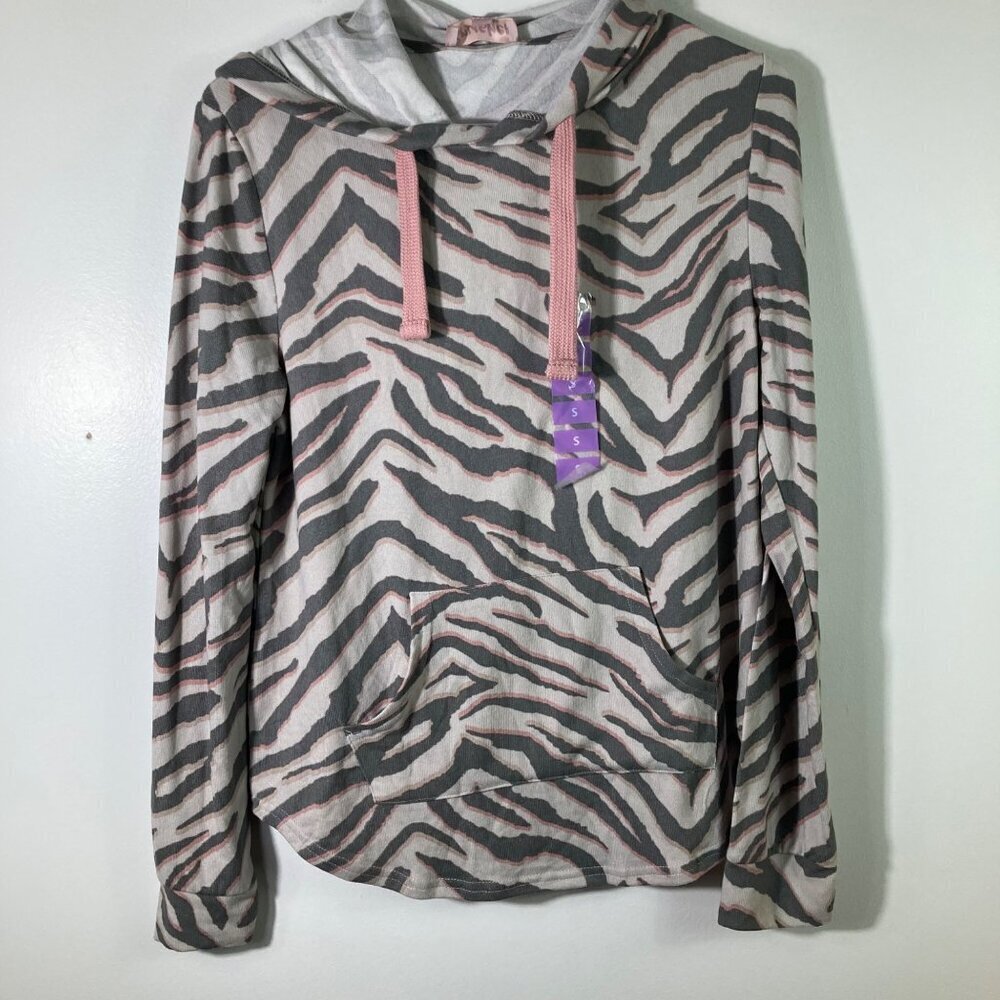Womens Brushed Hoodie Animal Print Ash Combo‎ Light Dark Gray Pink S NWT #4
